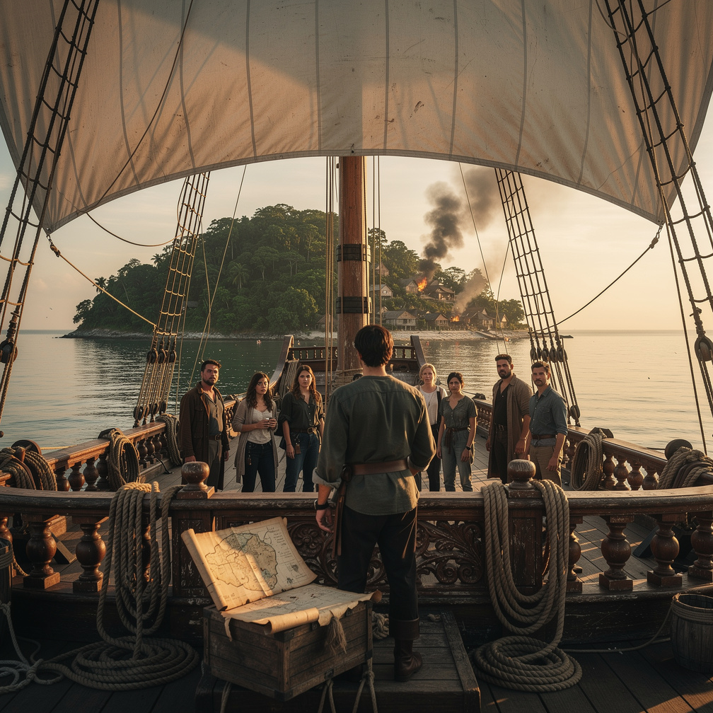 The captain's loud voice interrupts my memories, signaling our arrival at a mysterious island, where smoke rises from a nearb