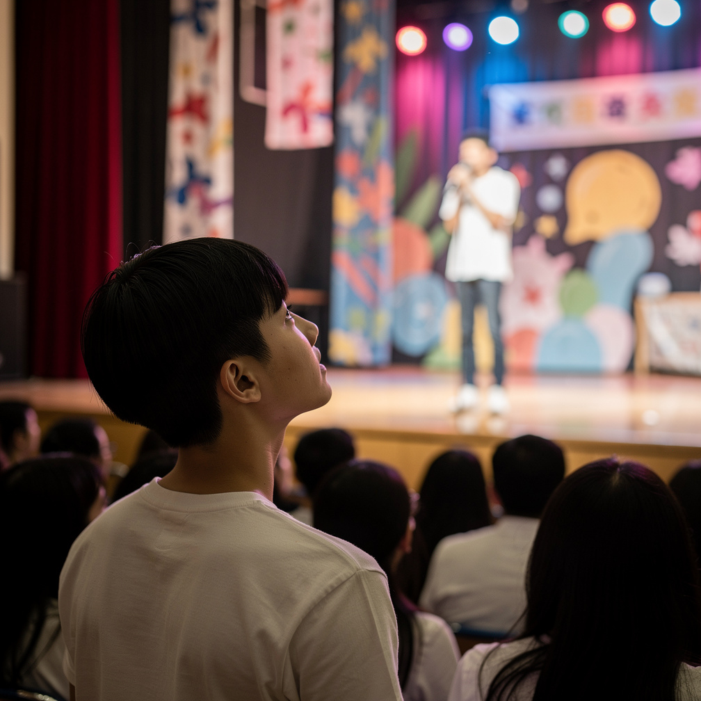 Qin takes a deep breath, adjusts the mic, and begins to sing.