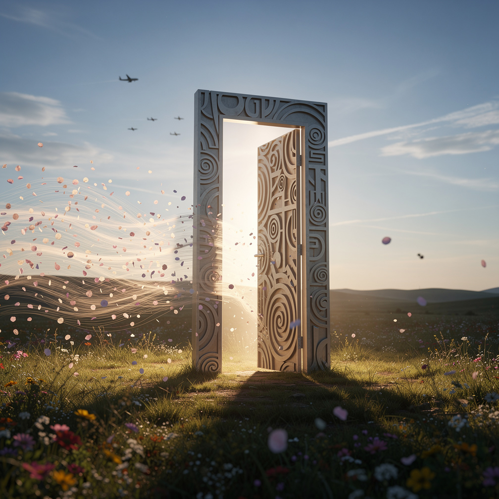 As I step through the doorway, a rush of wind sweeps past me, carrying the sweet scent of blooming wildflowers and the hum of