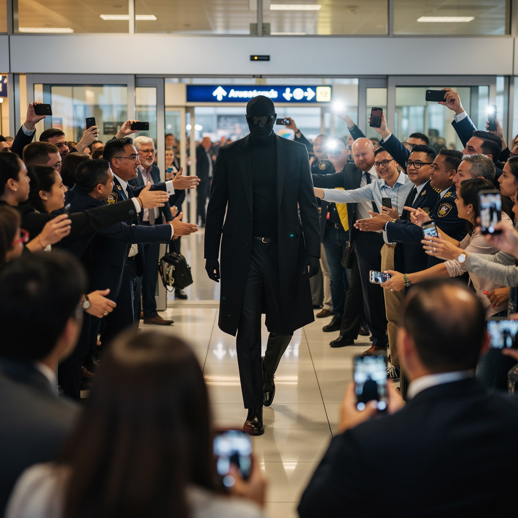 Figure emerges from blur, tall, dressed in black, sunglasses on, amidst flashing cameras.
