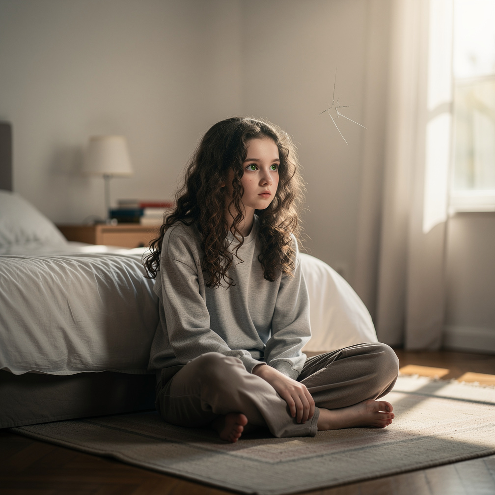 She stares blankly at the wall, her brown hair falling around her pale face, eyes fixed on a faint scratch.
