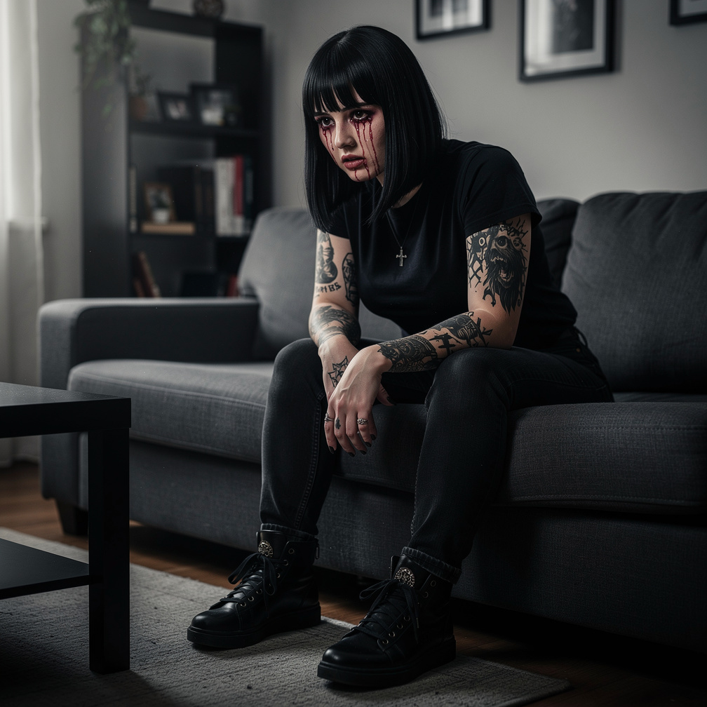 Llora desconsoladamente con los tenis negros de suela pequeña y tatuajes que resaltan en su piel pálida.
