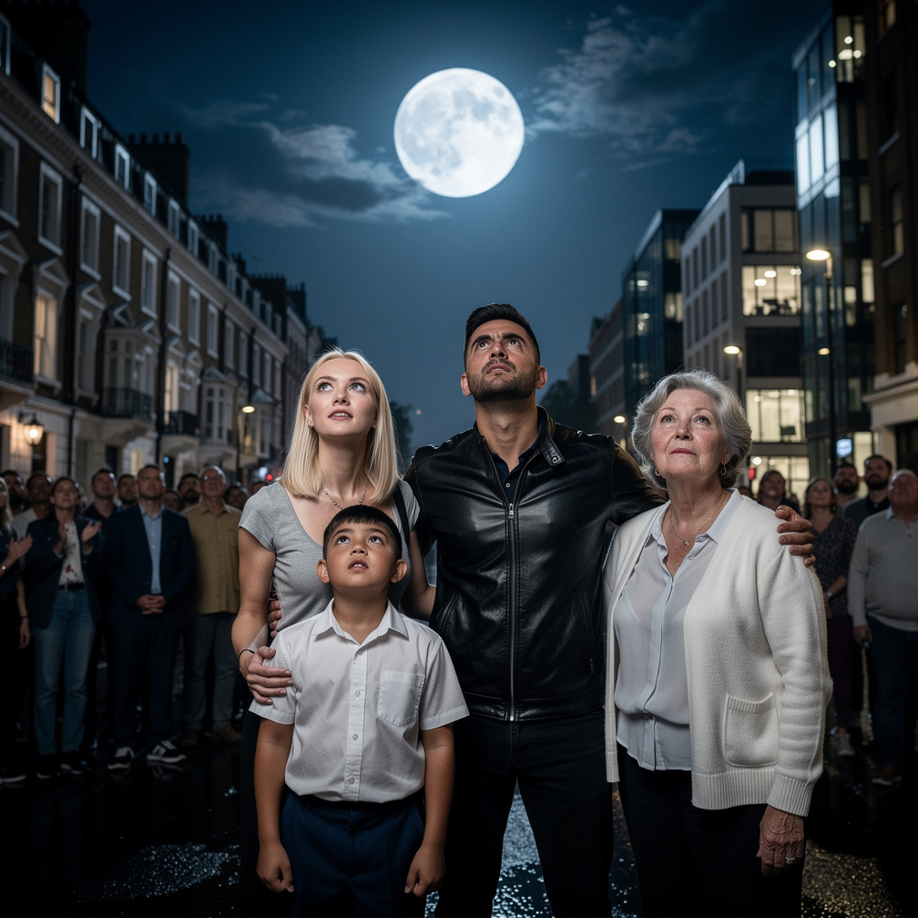 As the full moon reaches its peak, a low hum fills the air, and the crowd's eyes glow softly, as if the city itself is awaken