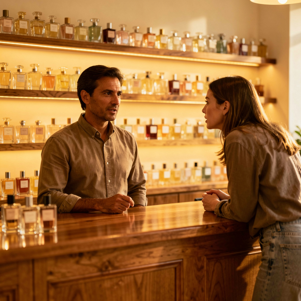 A curious woman approaches him, intrigued by the unique scents, and asks what makes them so innovative.