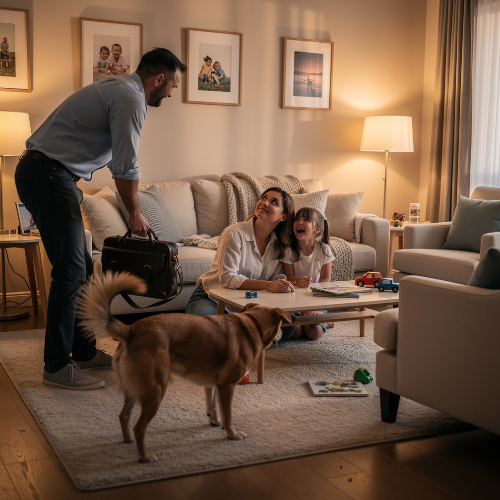 Honey looks up and smiles, Baby Girl giggles as the dog chases its tail, I drop my bag and join them.