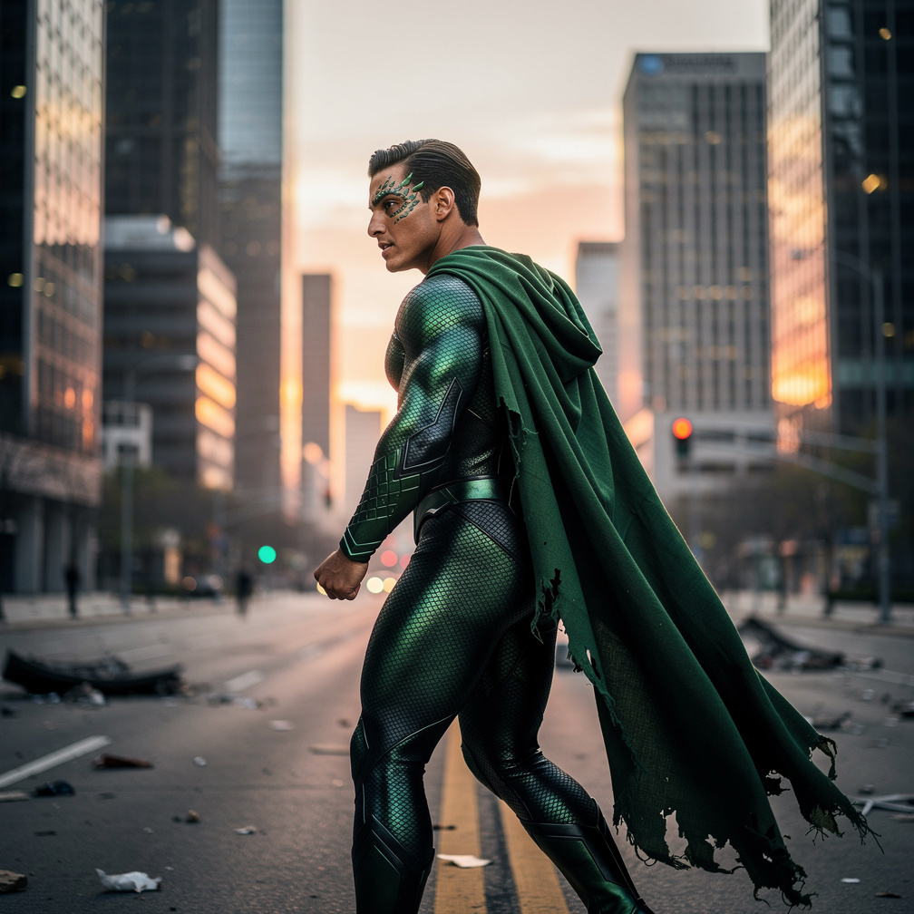 La lagartija verde se aleja del lugar con su capa ondeando en el viento.