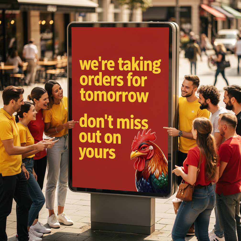 El pollo guiña de nuevo y la gente se acerca curiosa al afiche. ¿Qué pedidos serán los más solicitados mañana!