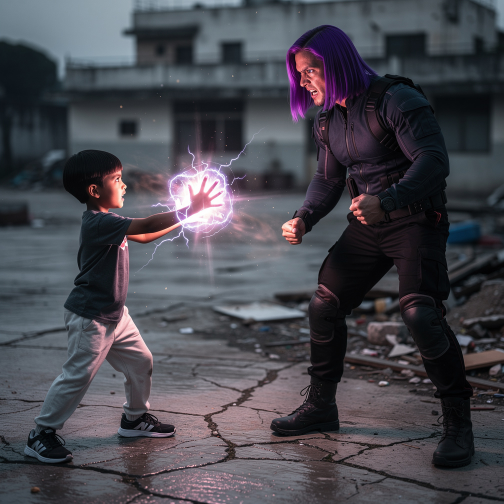 O cara de cabelo roxo se levanta, olha para o garoto de cabelo preto com raiva e prepara um contra-ataque.