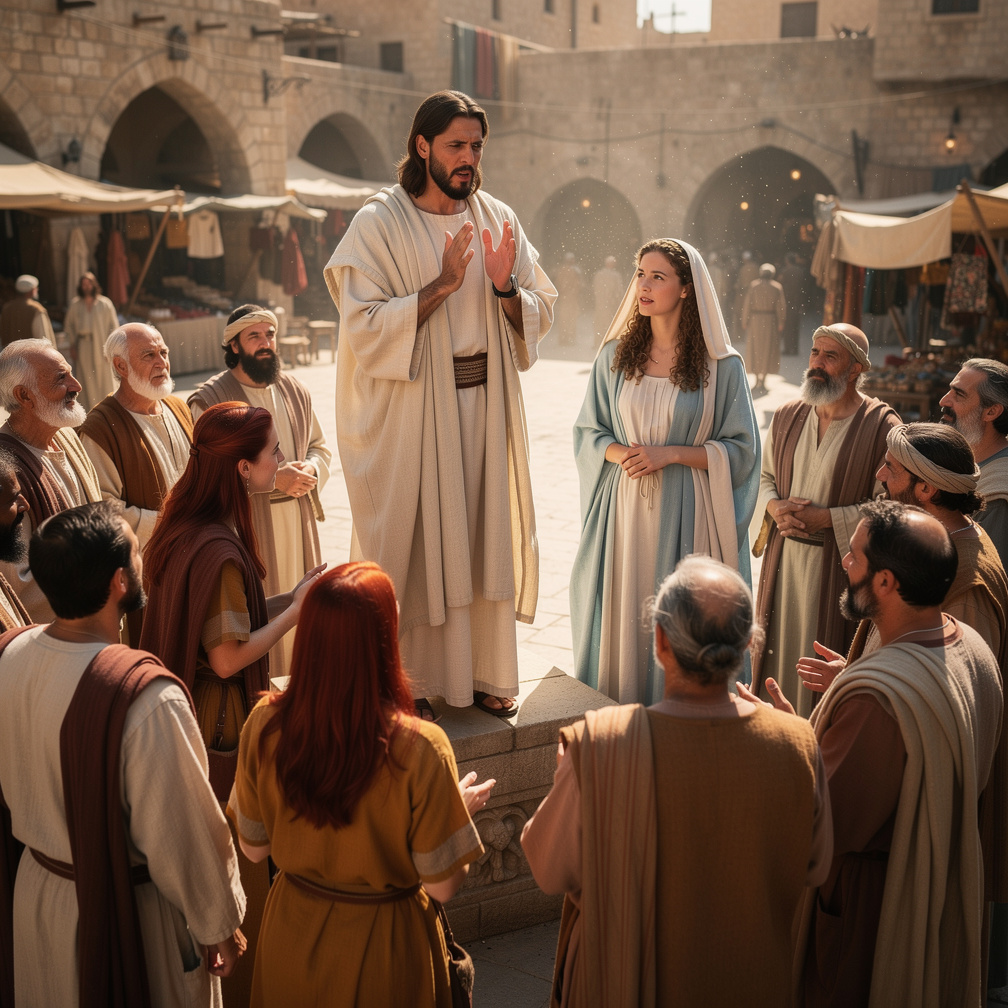 Eles param em uma praça movimentada, Jesus começa a pregar sobre o amor e a compaixão, atrairando uma multidão curiosa.