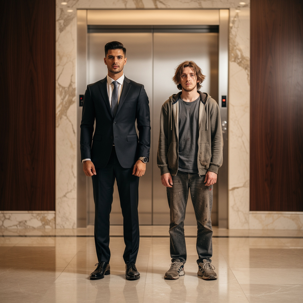 They stood side by side, contrasting sharply, as they waited for the elevator in the luxurious skyscraper.