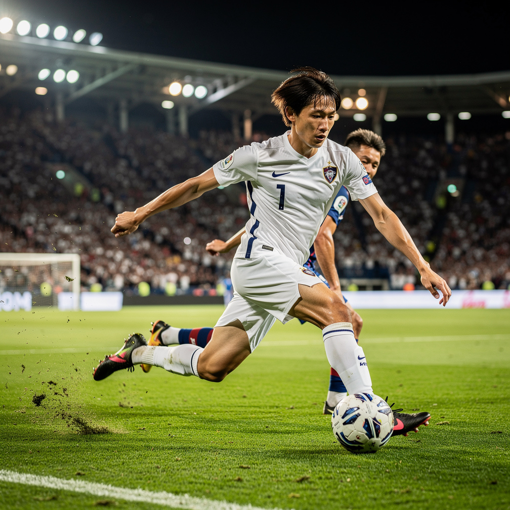 Isao approaches the penalty area, beats a defender, and shoots the ball towards the goal.