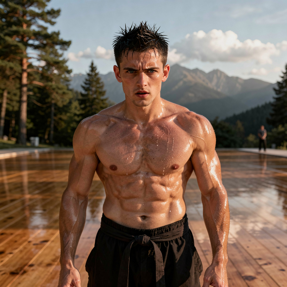 Isa's breathing becomes labored as he nears exhaustion, his muscles aching from the intense regimen. Suddenly, a figure appea