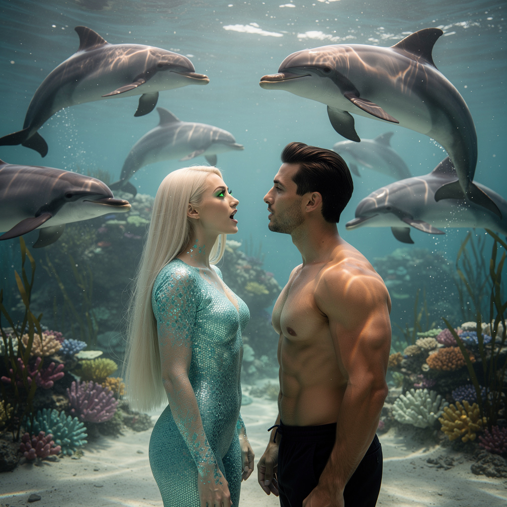 Marina's voice echoed through the ocean as she sang to Leo, her melodies enchanting a school of dolphins.