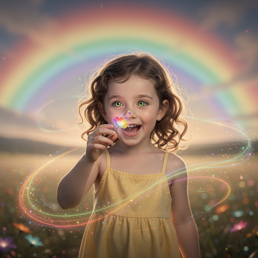 As the first rainbow burst over the horizon, a tiny droplet of colored water detached and landed on a small girl's nose. She 