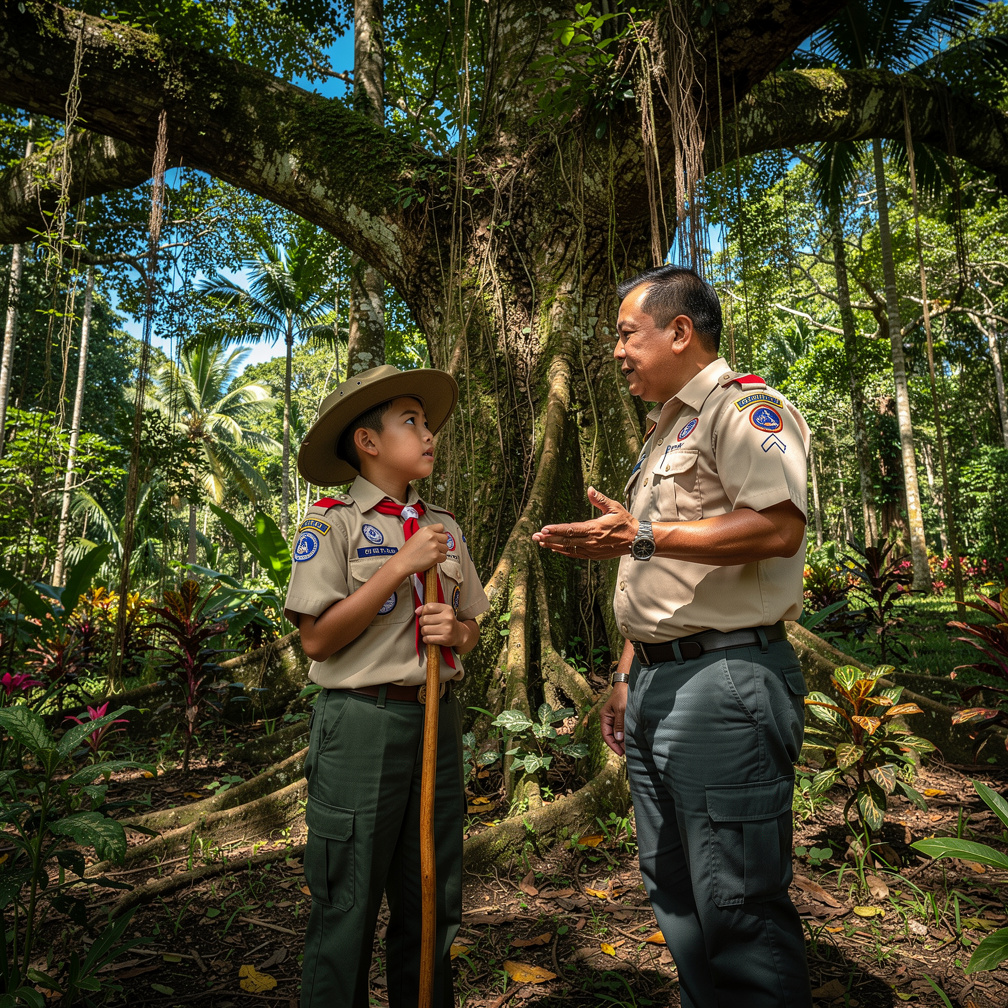 Scout leader Juan called a meeting near the old tree.