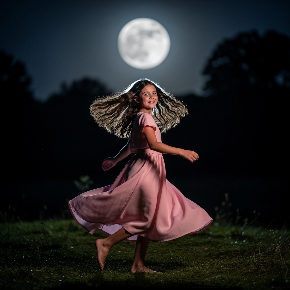 Con un vestido rosa y una sonrisa radiante, bailaba bajo la luna llena.