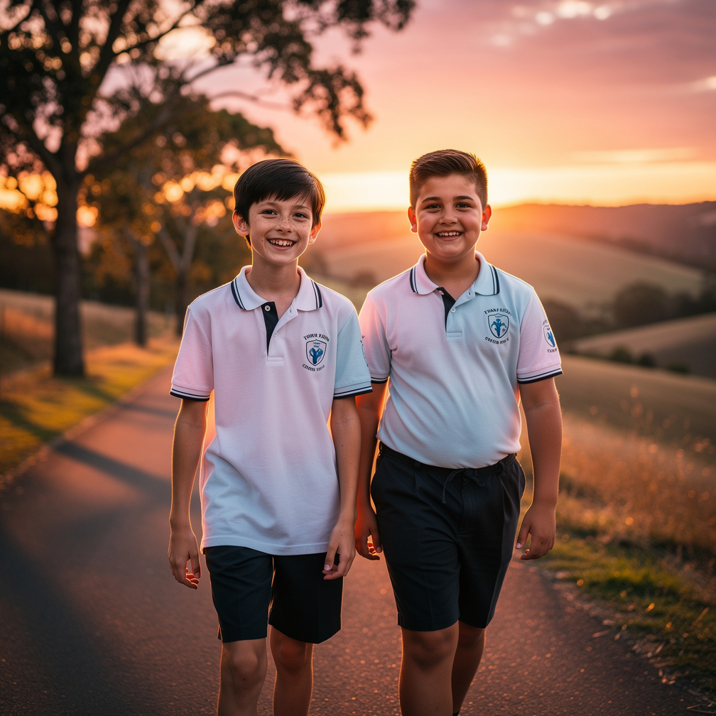 Their hearts racing, they shared a tender smile, hands touching, as they walked home together under the sunset.