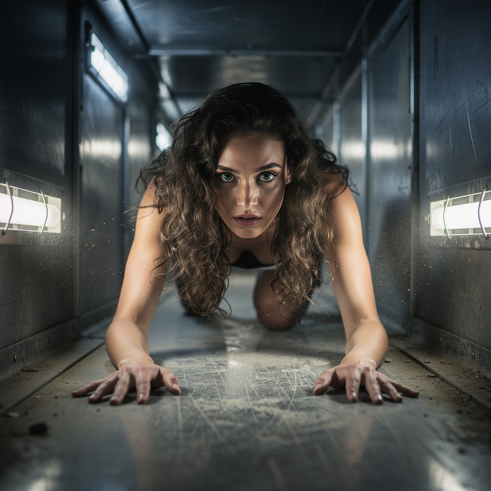 I squeeze into the narrow duct as alarms blare, footsteps closing in, and dust fills my lungs.