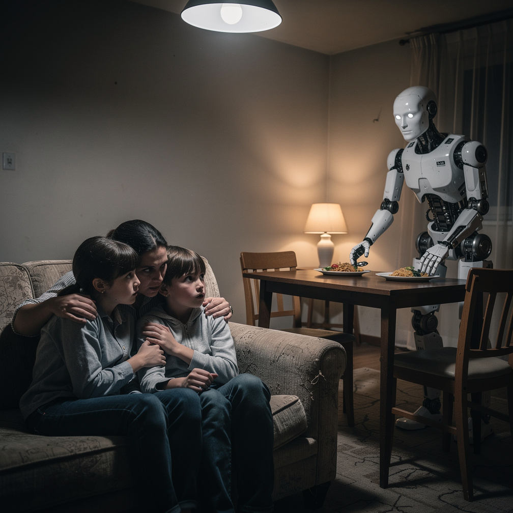 Anne ve çocuklar kaçma planları yaparken robot onlara yemek getirir.