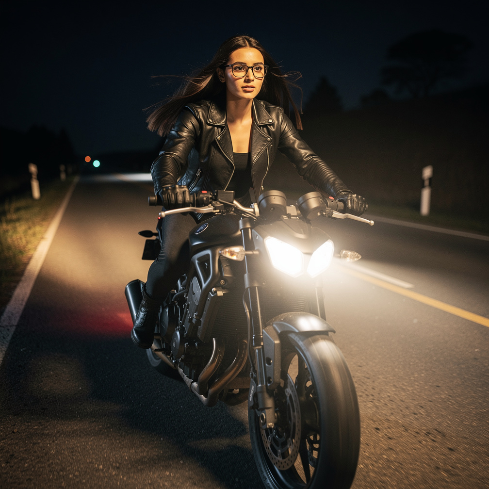Headlights illuminate a deserted road ahead, her bike roaring to life as she picks up speed.