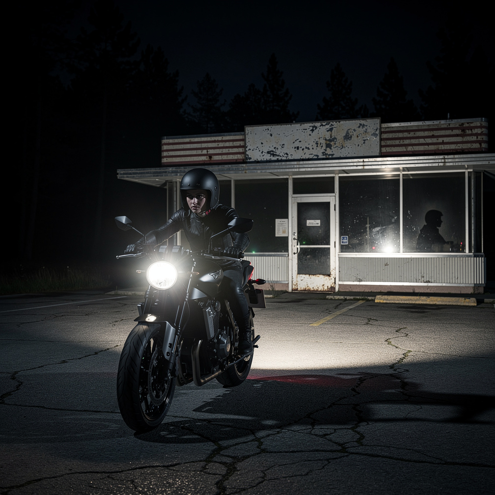 Headlights illuminate a deserted diner ahead.