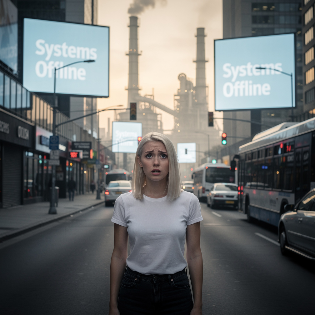 People wandered streets, confused, as screens flickered to life, displaying a message: Systems Offline.