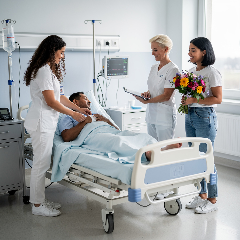 As I lay in bed, nurses Emily and Sarah tended to my wounds, while neighbour Sophia brought flowers, each vying for my attent