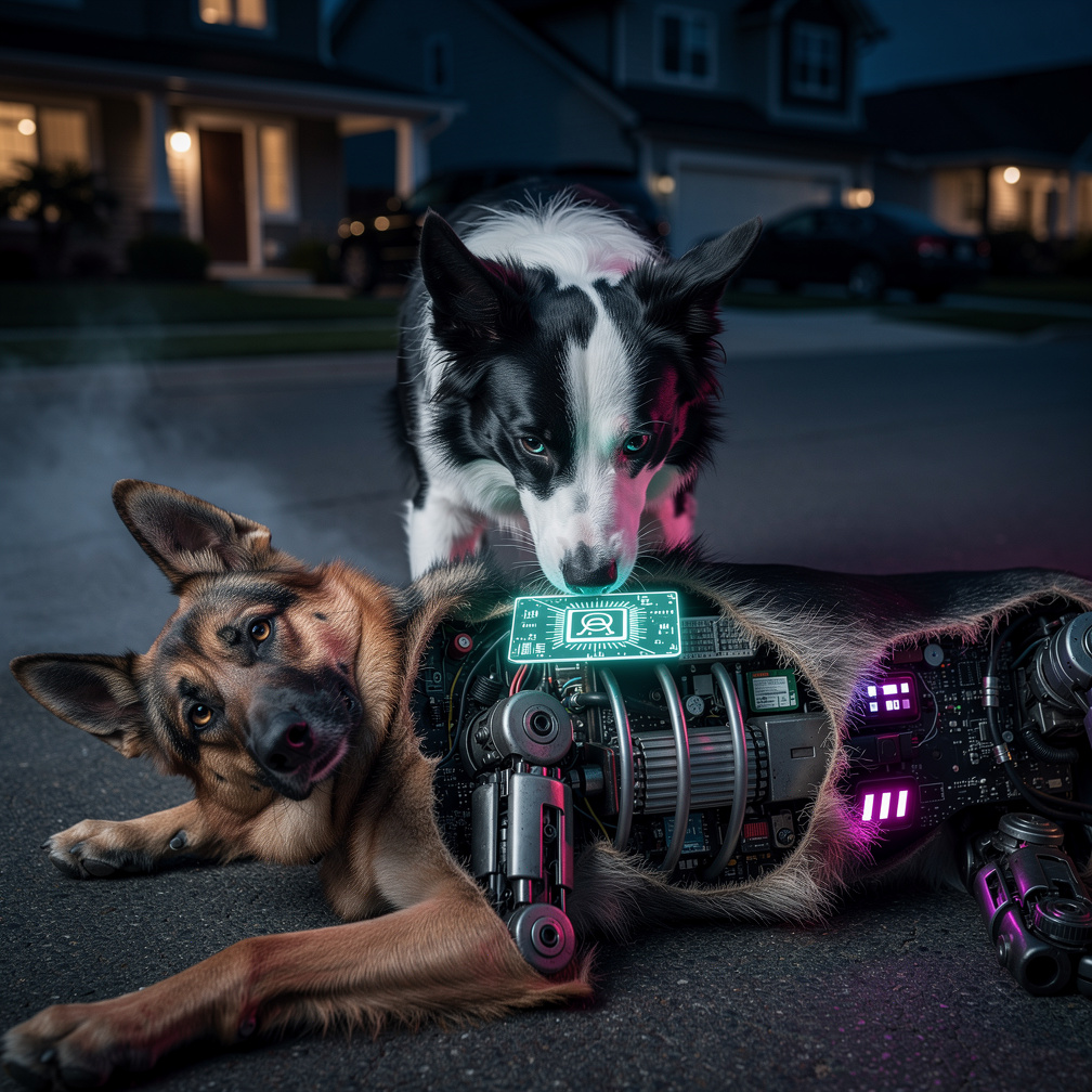 The border collie discovers a small microchip with a serial number and a faint logo of a tech company.