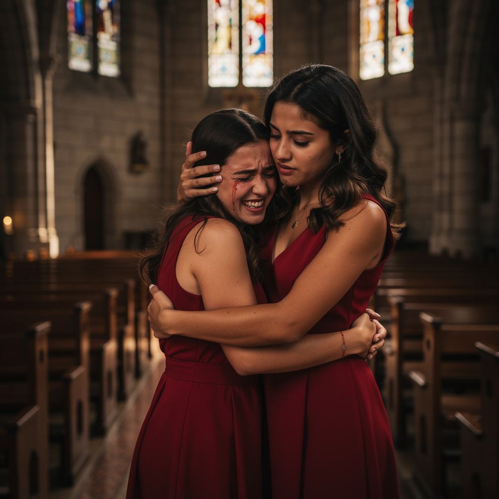 La chica argentina solloza mientras su amiga la consuela, sus vestidos rojos contrastan con la solemnidad de la iglesia.
