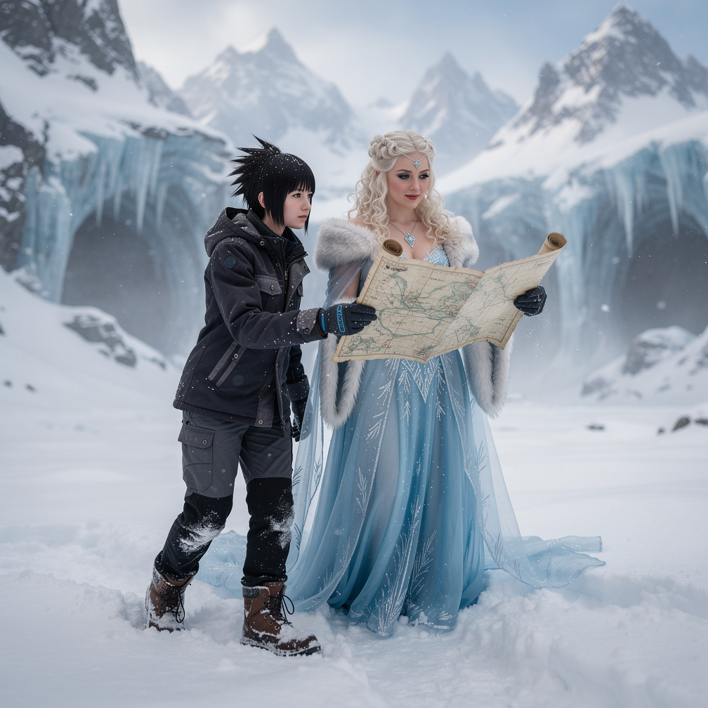 Buki Kosetsu trudged through Blizzy Peaks' snow, meeting Elsa Setsuka, who gazed at a mysterious map.