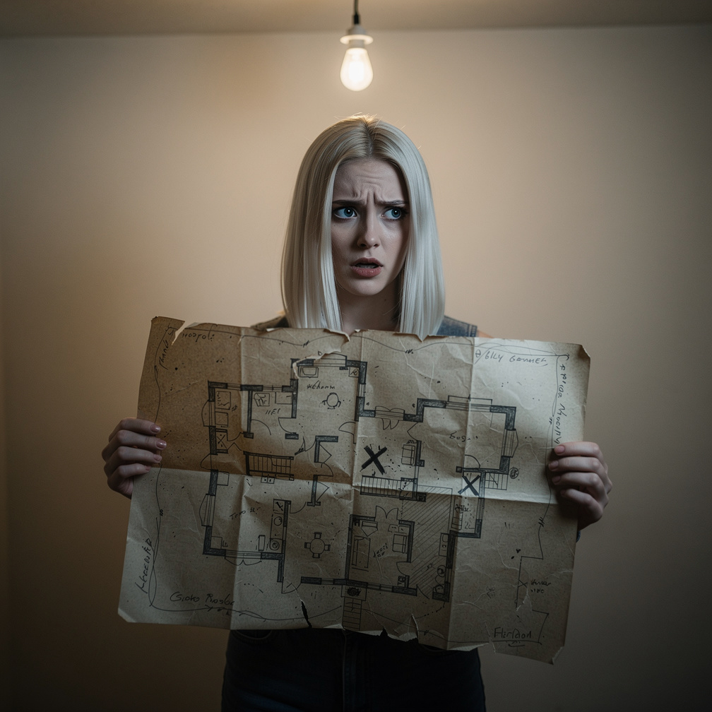 You unfold the map, noticing a small X marked in one room, and a faint phrase scribbled on the edge: find the door.