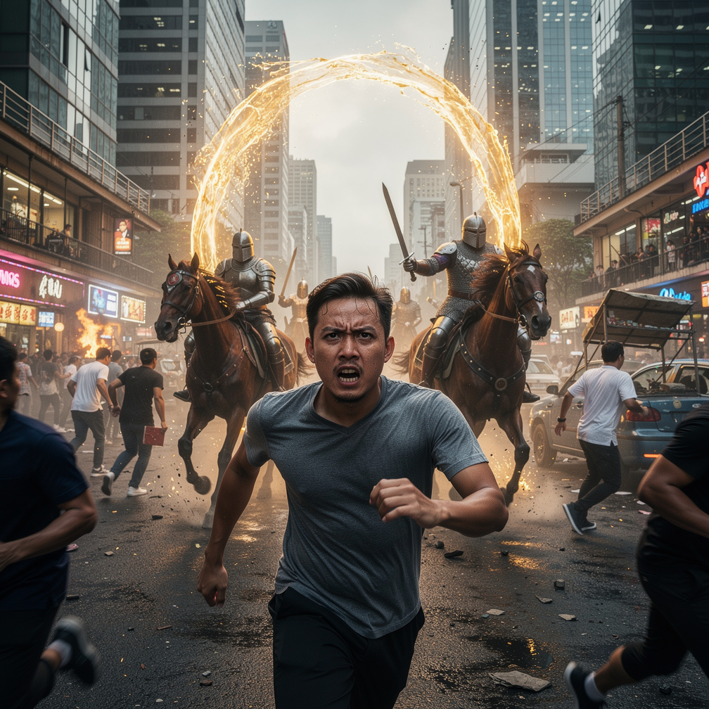 People ran wildly as armored knights on horseback emerged from the portal in Manila's downtown area.