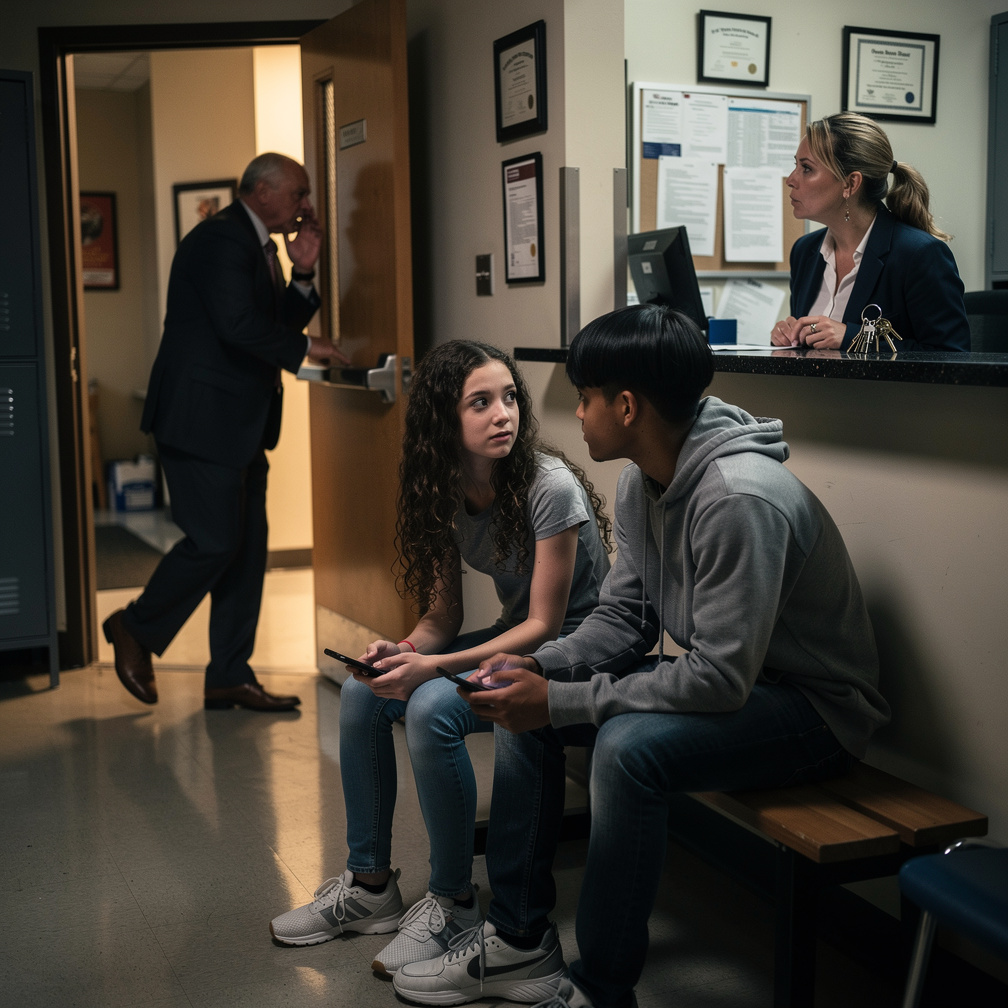 The principal rushed out, whispering to the secretary, then quickly left, forgetting her keys on the counter.