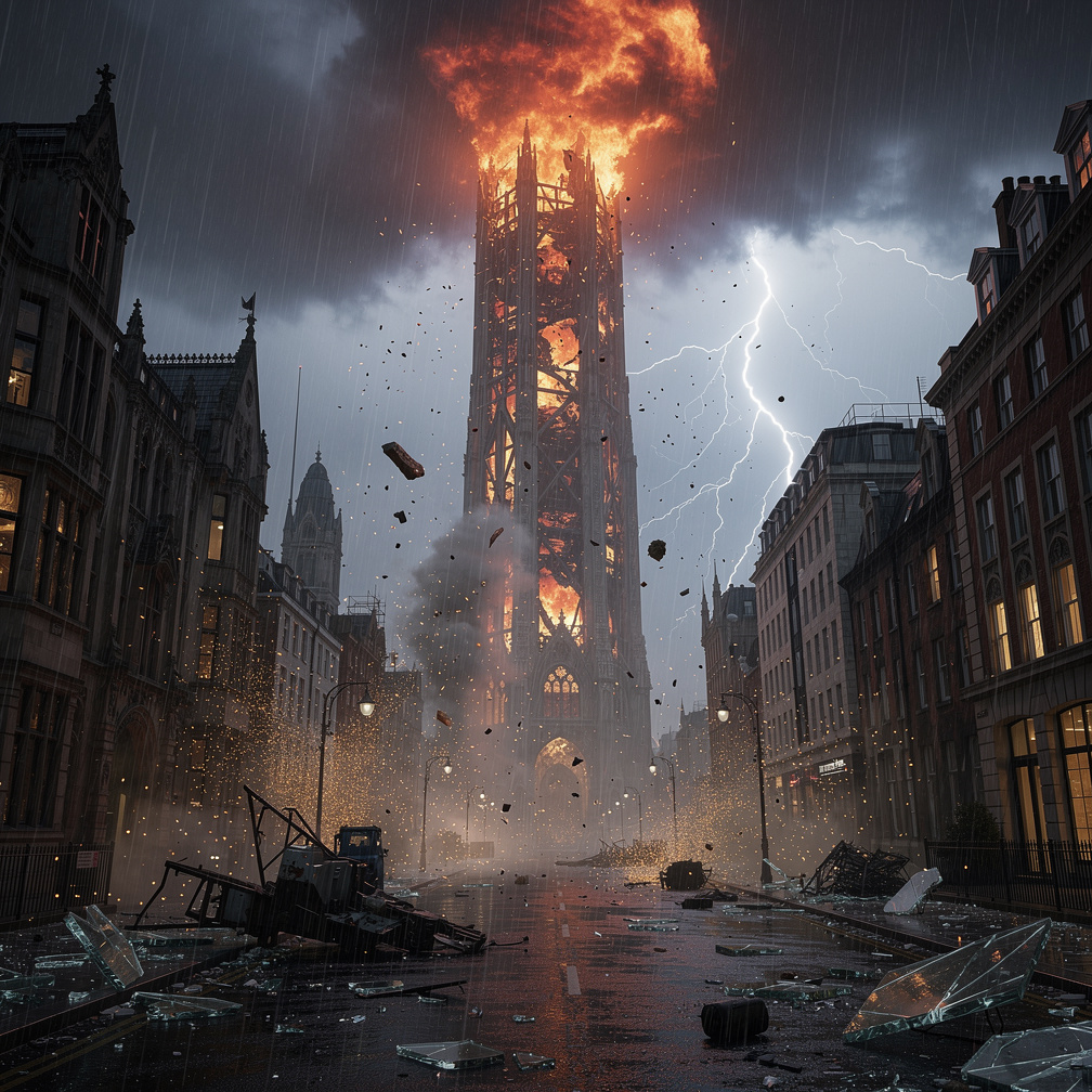 Flames engulf the upper floors as debris rains down on the city, sparks illuminating the torrential rain.