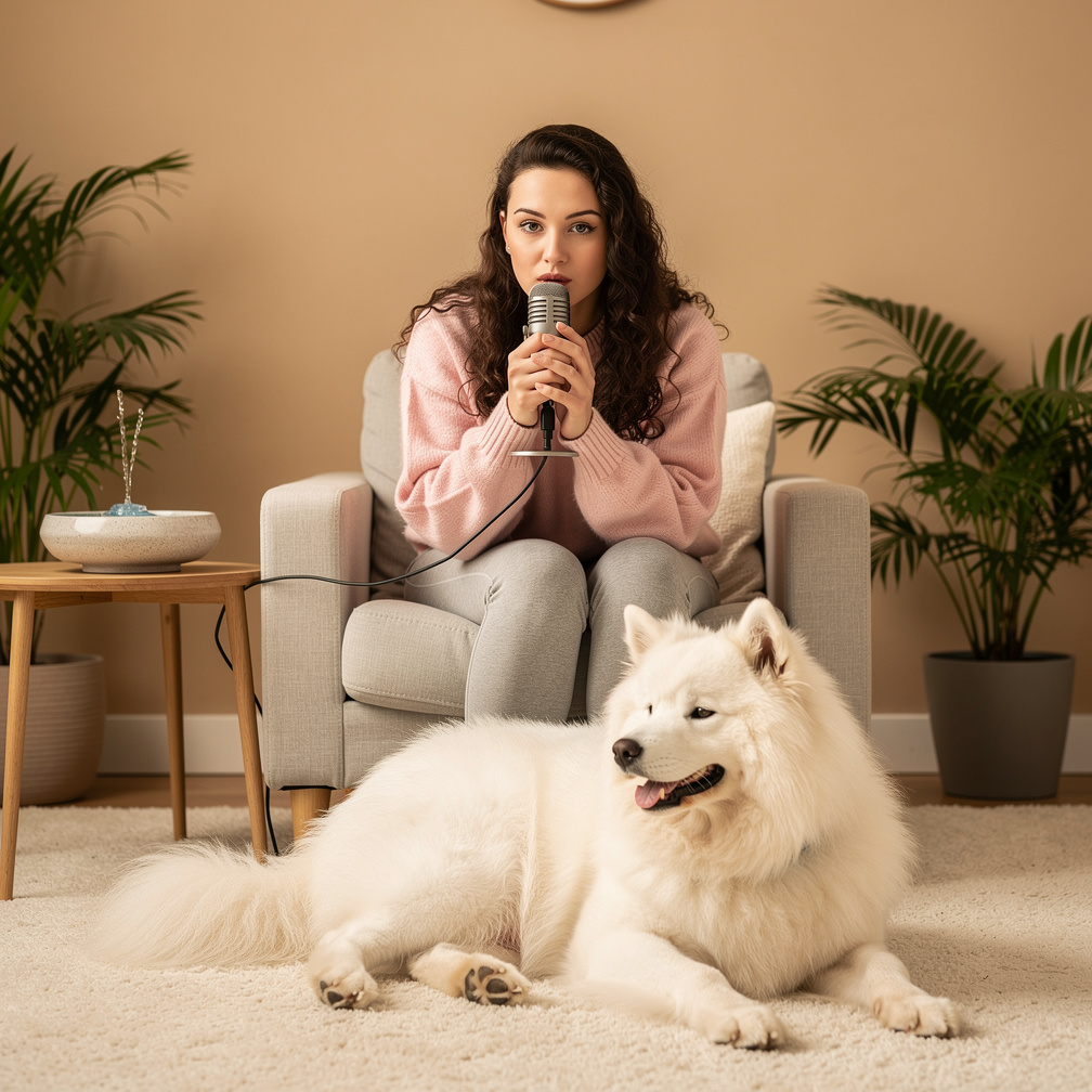 The dog's gentle panting created a soothing sound, calming the atmosphere, as soft whispers began to describe its wagging tai