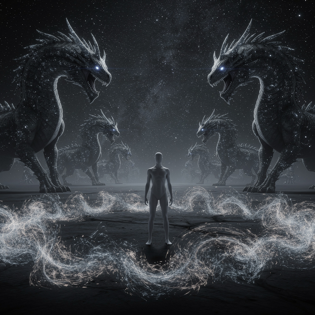Darkness surrounds me, then stars align, and the Forbidden constellation creatures emerge, their eyes fixed on me.