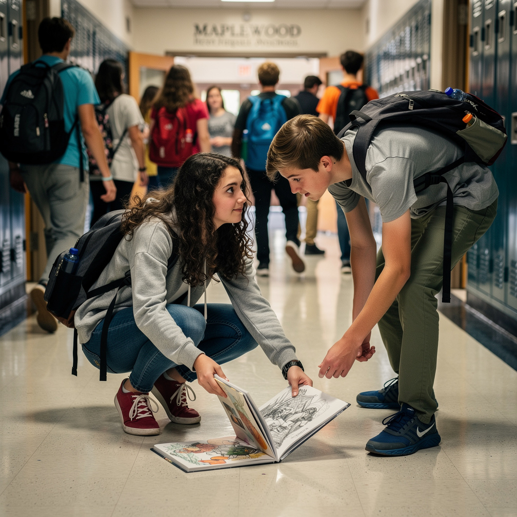 Abby clutched her sketchbook, eyes scanning the crowded hallway for a familiar face, when she accidentally collided with Liam