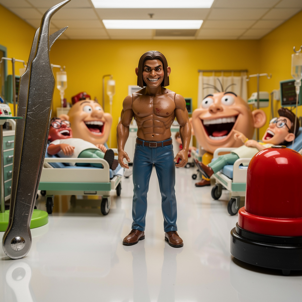 They found themselves in a bizarre hospital, surrounded by giant game pieces and laughing patients.