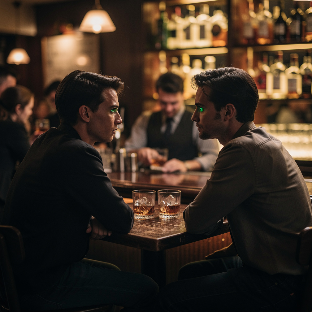 You accept the offer, and he leads you to a nearby bar, his eyes never leaving yours as he orders two whiskeys.