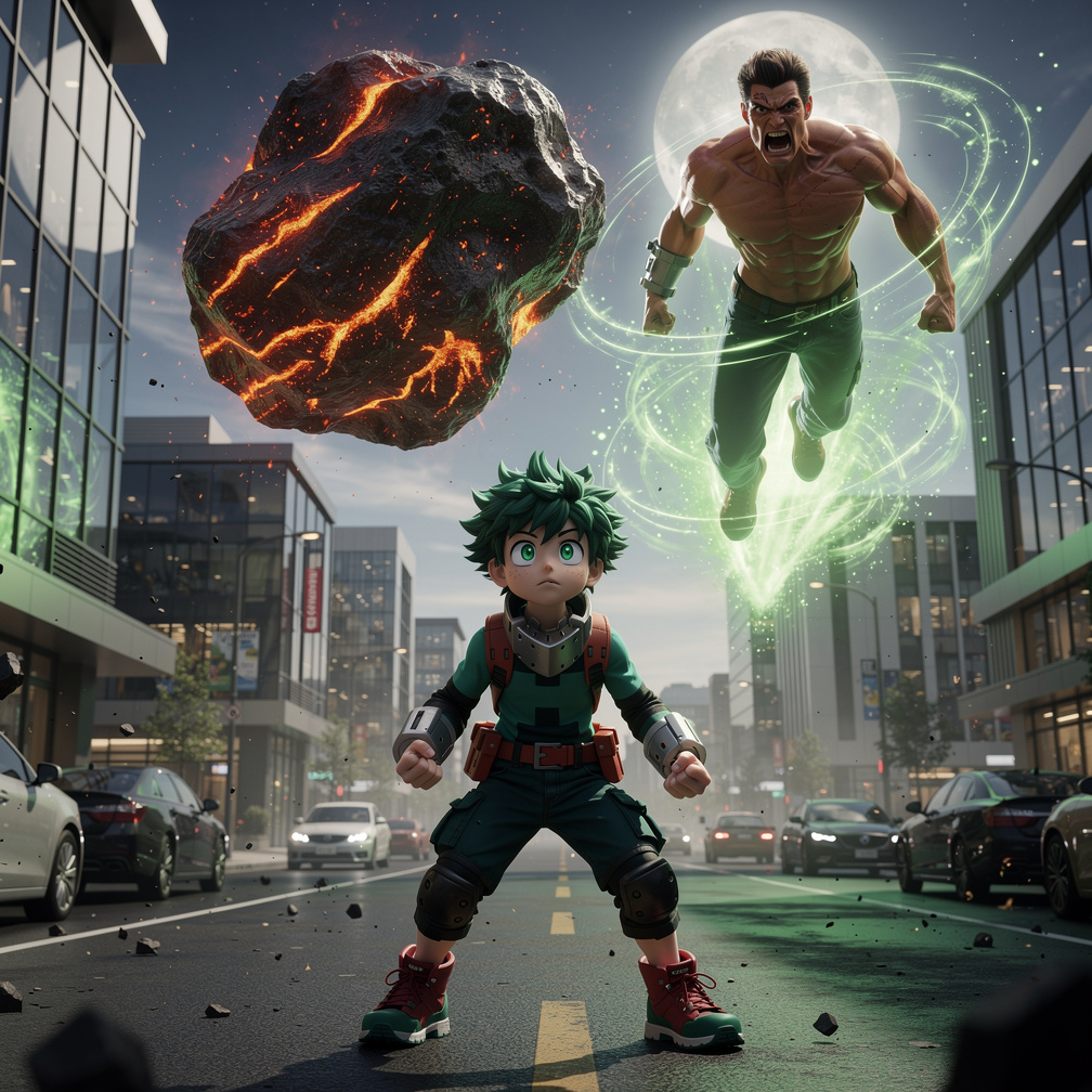 Saichu returns from the moon, enraged, and summons a massive asteroid to crush Deku.