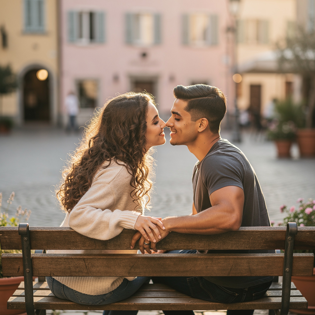O casal se afasta um do outro, sorrisos tímidos nos rostos, e se entreolham com olhos brilhantes.