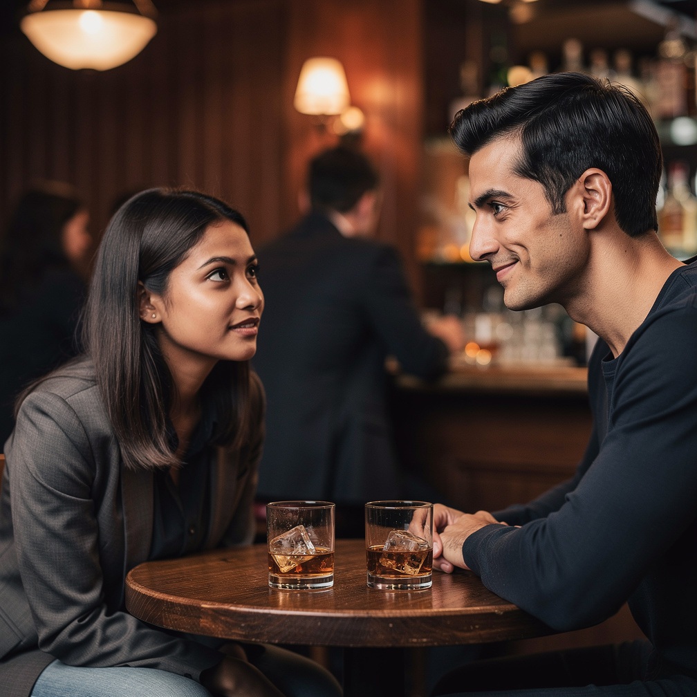 He smiles and leads you to a nearby bar, his green eyes sparkling as he orders two whiskeys, his voice low and mysterious.