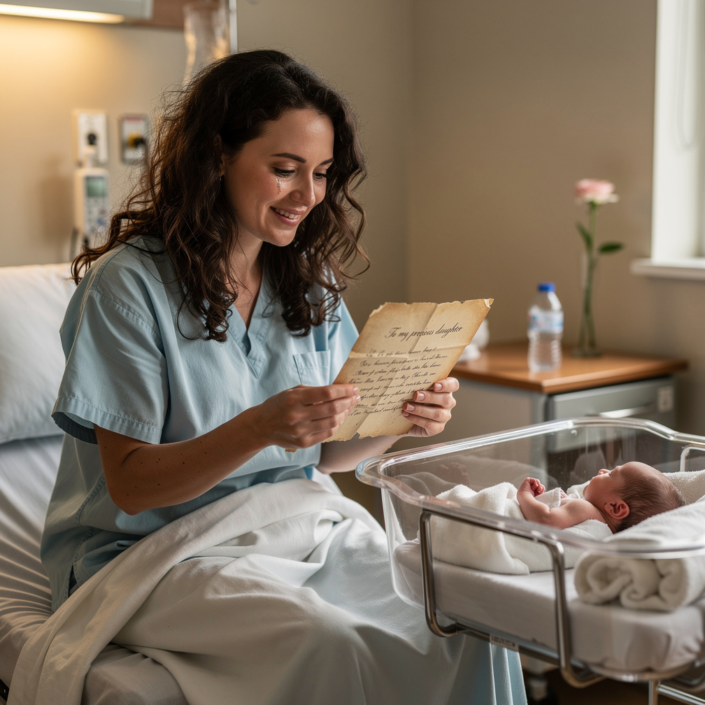 You gently place the baby in the crib and pull out the worn letter, tears welling up as you begin to read it aloud.
