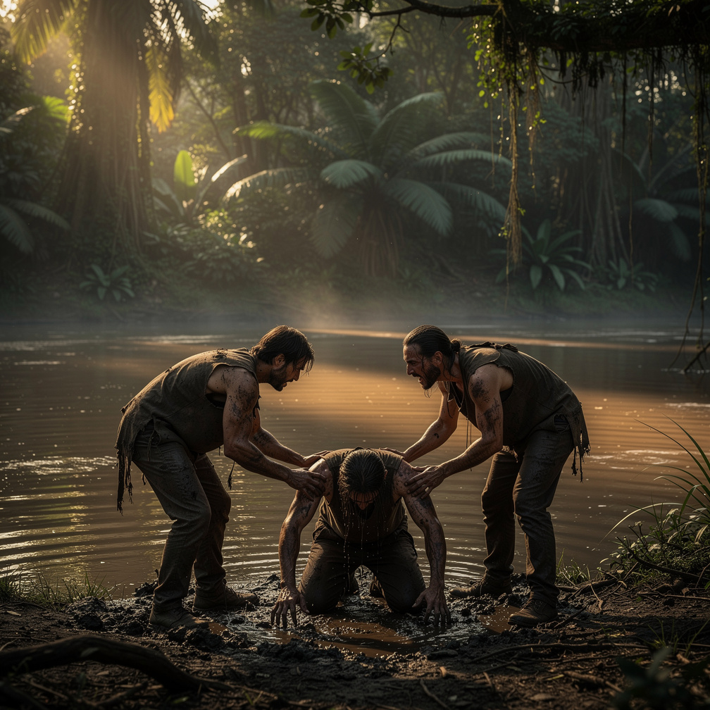 One survivor collapses, exhausted, as the others rush to aid, their eyes fixed on the jungle, expecting another attack.