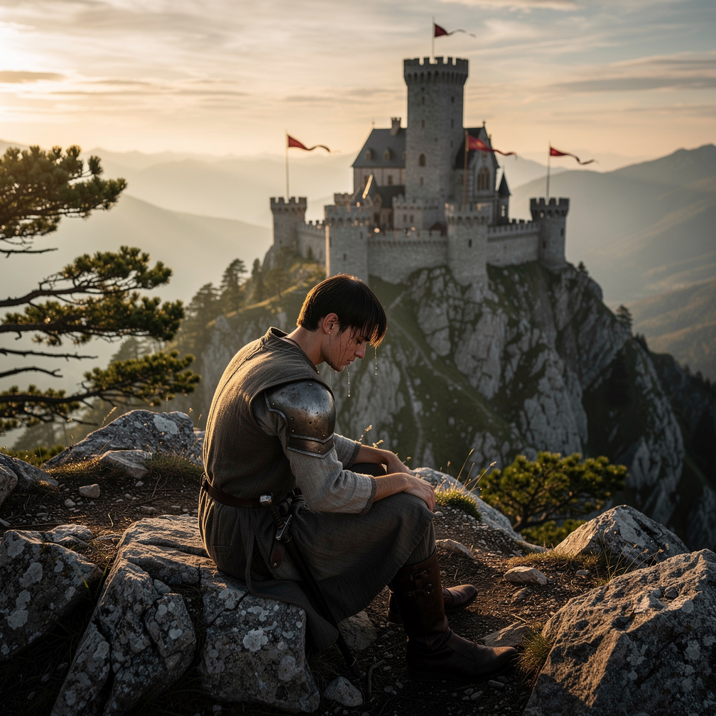 Tears fall as he recalls her smile, the castle below a bittersweet reminder of their lost love.