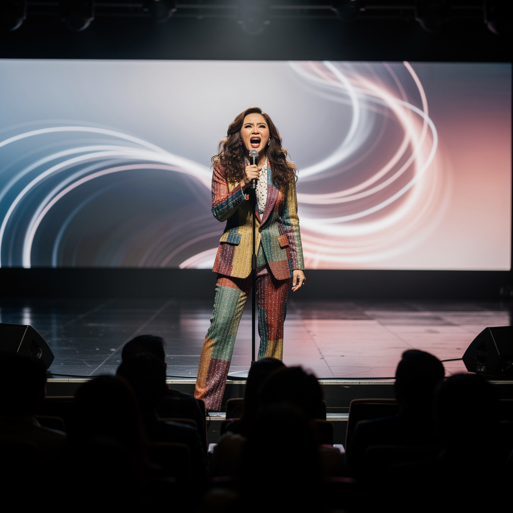 Nike Ardilla steps onto the stage, microphone in hand, ready to perform Siti Nurhaliza's hit song Purnama Merindu.