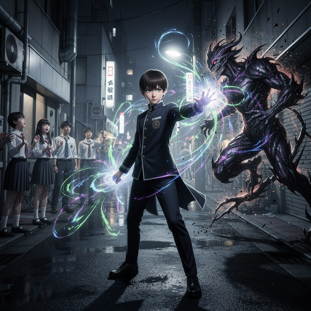 Megumi's cursed energy surges, overwhelming his peers as he effortlessly defeats a powerful cursed spirit.