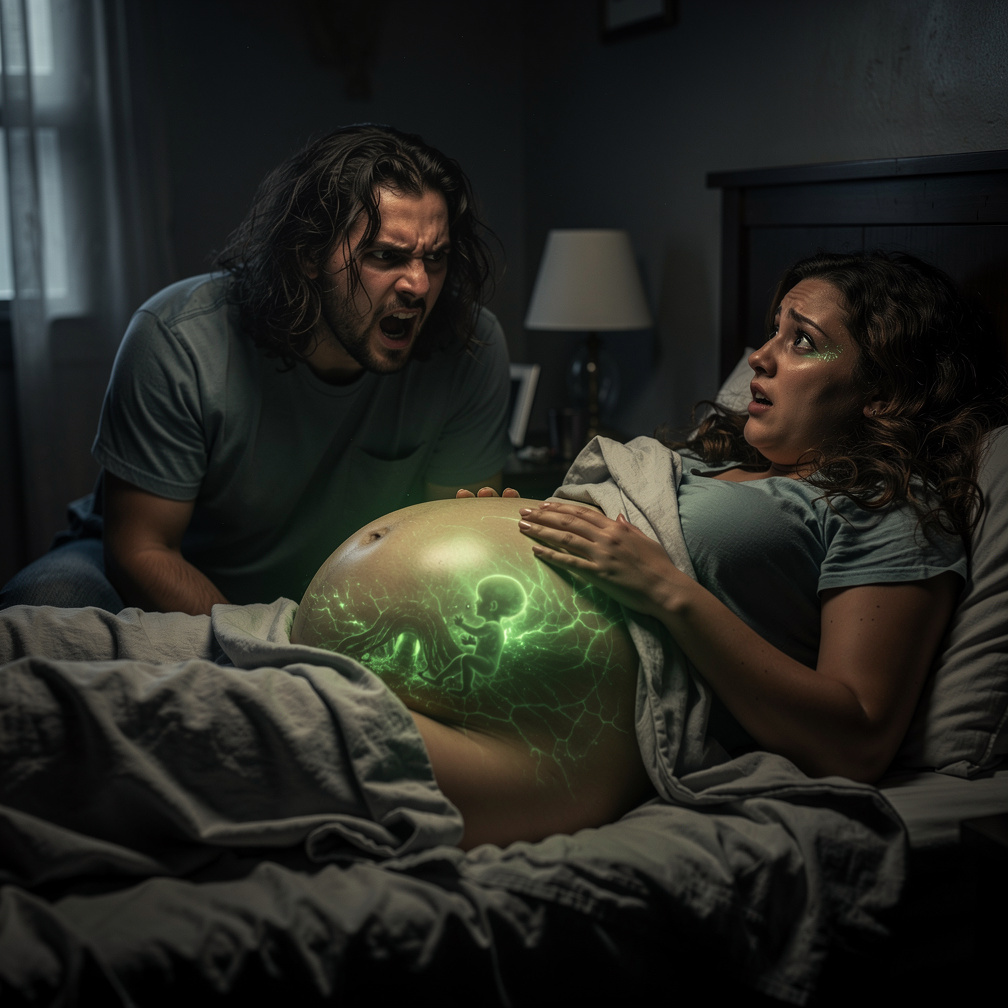 He sat up in bed, gasping, as his wife stirred beside him, her own belly swollen with their mysterious child.