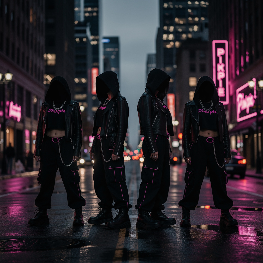 Pinkpie's music video opens with a cityscape at dusk, neon pink lights flickering to life as the girls' silhouettes emerge, d