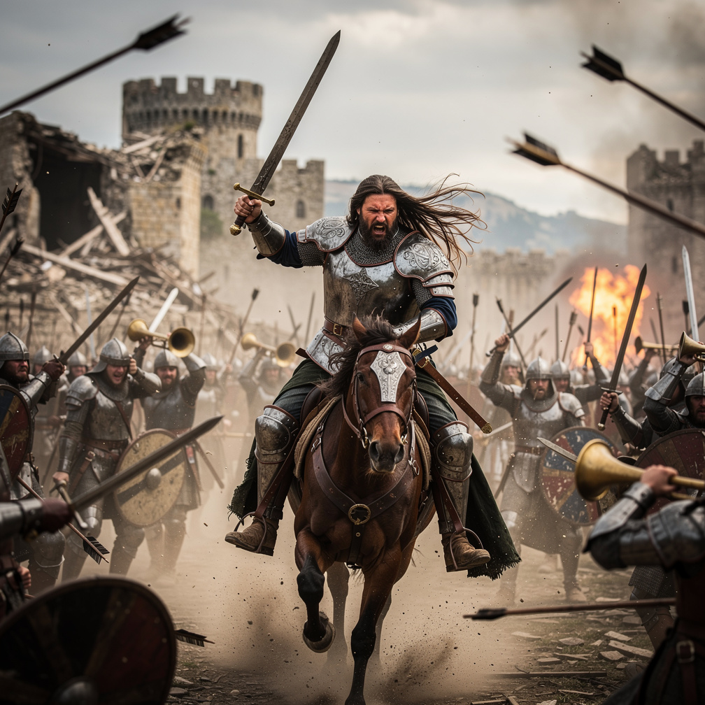 أسمع صوت الأبواق وتصويب السهام تزيد غضبي وثقة جيشي يعتز بقيادتي ننقذ المدينه من الأعداء